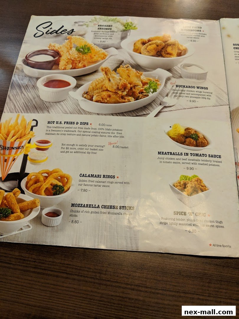 A menu page from Swensen's featuring various side dishes like fried shrimp, wings, and fries.