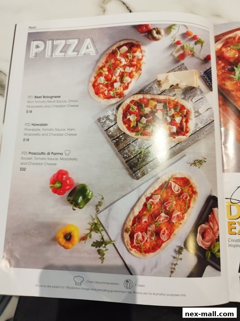 A menu page showcasing three different pizzas with descriptions and prices.