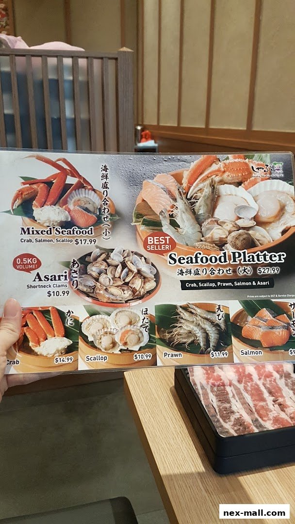 A menu showcasing various seafood platters and individual seafood items with prices.