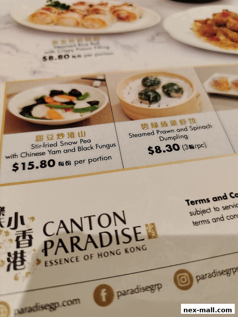 A menu from Canton Paradise showcasing various dim sum dishes with prices.