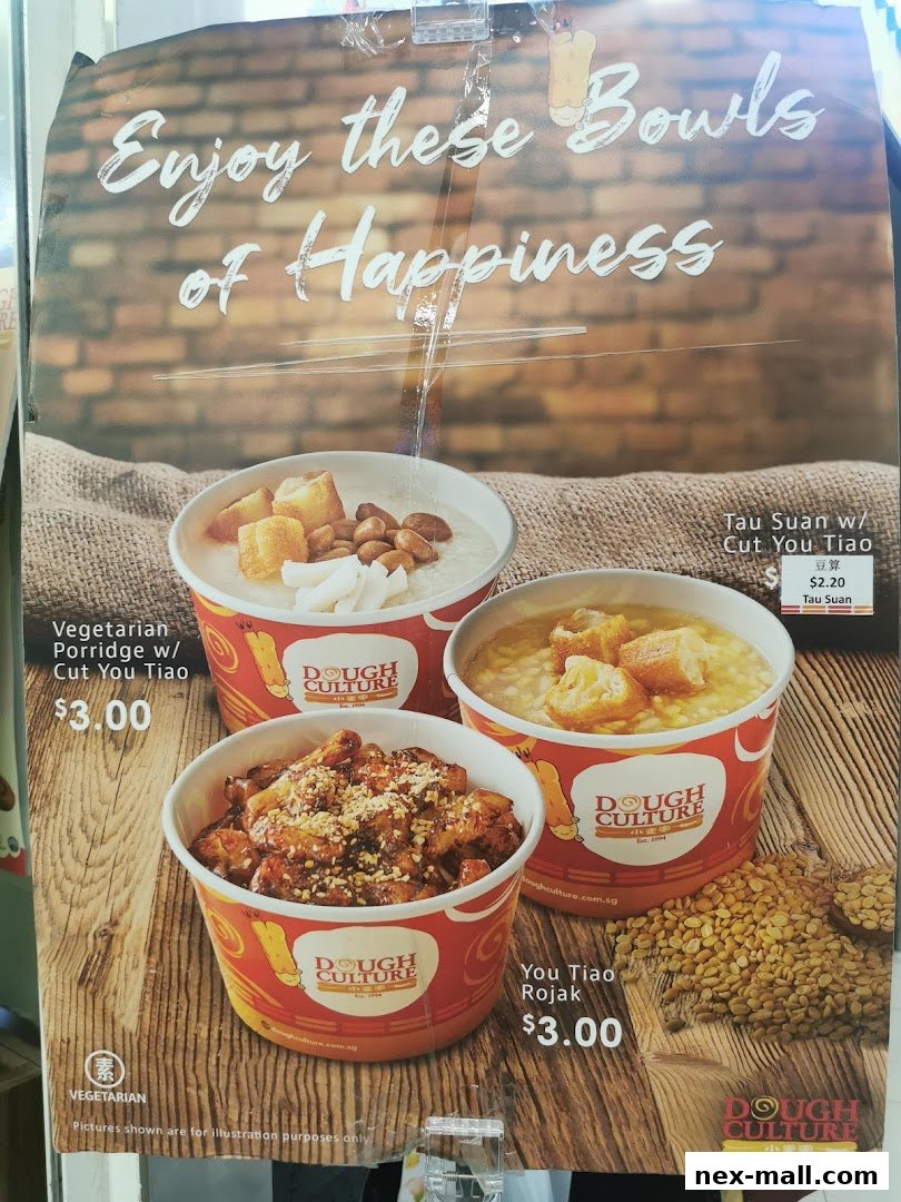 A menu board from Dough Culture showcasing three bowls of food with prices.