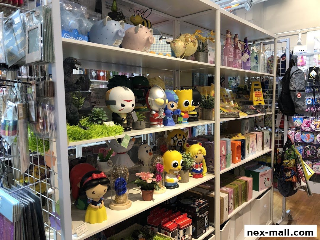 Shelves filled with various collectible figures, piggy banks, decorative items, and gifts.