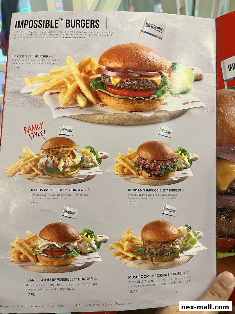 A menu showcasing various Impossible burgers with fries and coleslaw.
