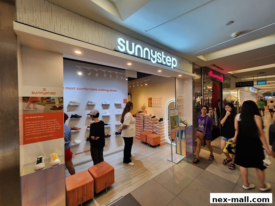 The Sunnystep shoe store entrance with shoes displayed and customers browsing.
