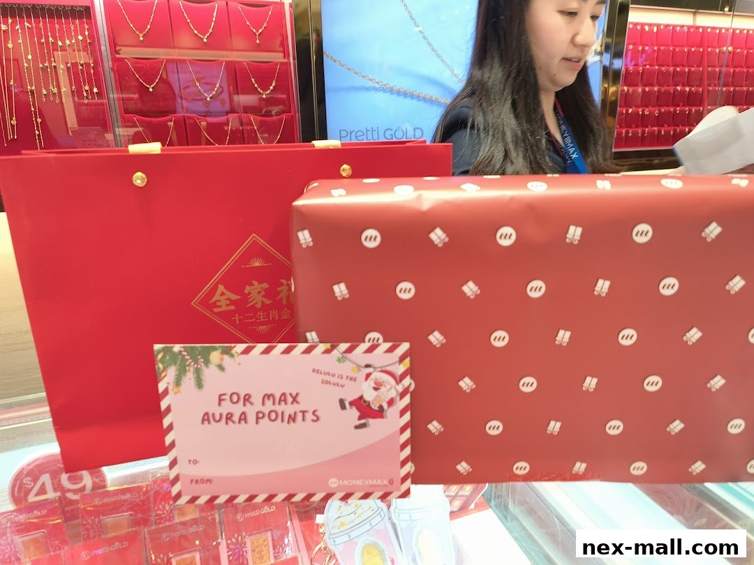 A MoneyMax Pawnshop counter with gift wrapping, shopping bags, and jewelry displays.