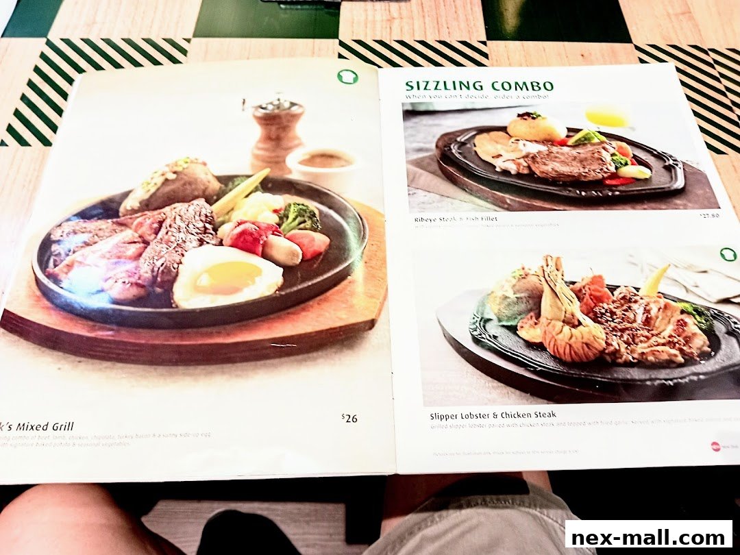 A menu showcasing sizzling combos with steak and seafood dishes.
