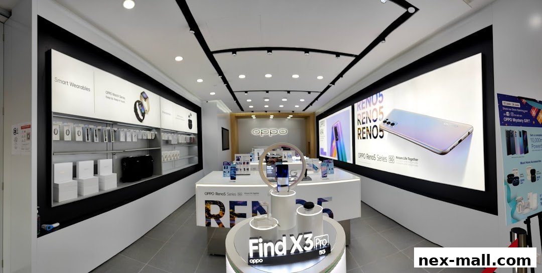 Interior of an OPPO concept store showcasing smartphones and smart wearables.