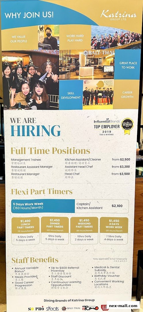 A recruitment poster for Bali Thai, detailing job positions, salaries, and staff benefits.