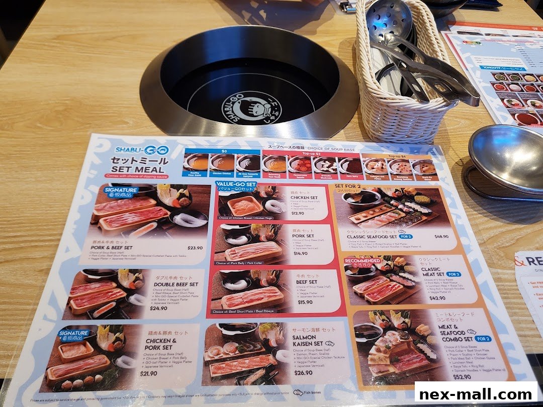 A menu for SHABU-GO featuring various set meals with meat, seafood, and combination options.