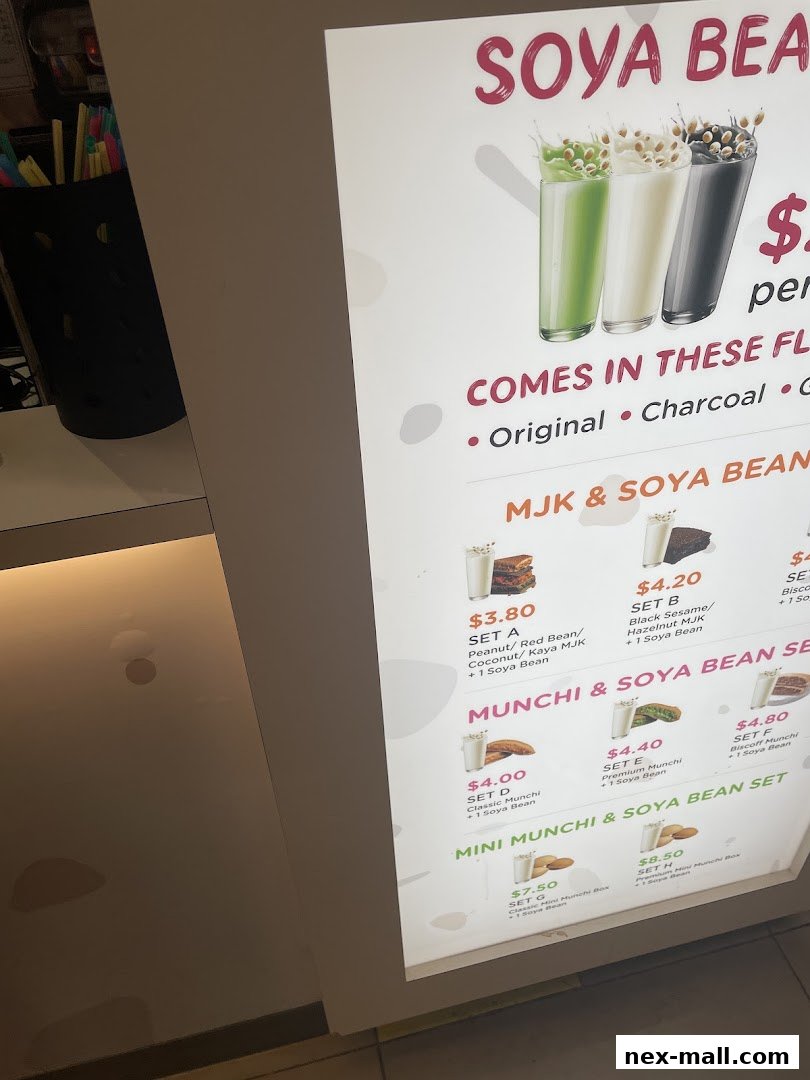 A menu board displaying various soya bean sets and munchi combinations with prices.