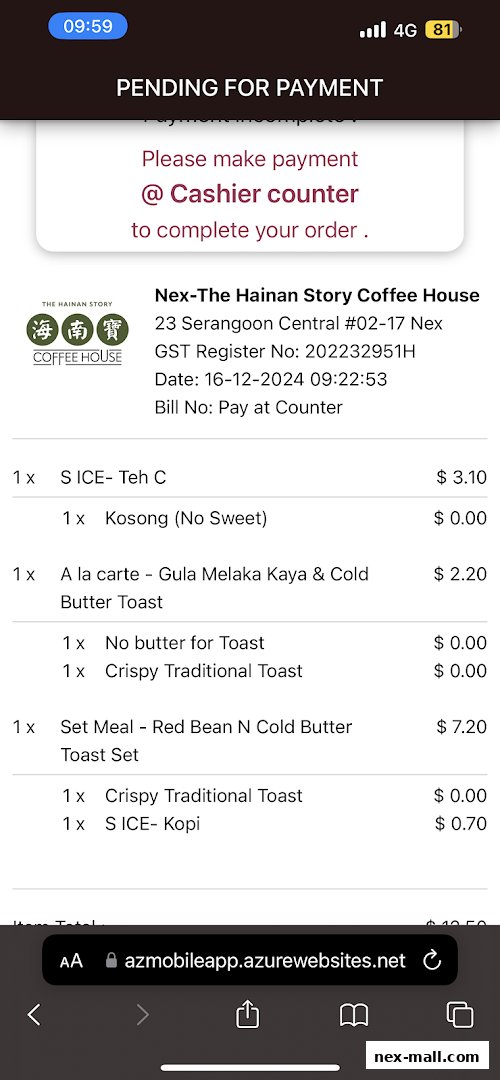 A screenshot of a pending payment order for The Hainan Story Coffee House.