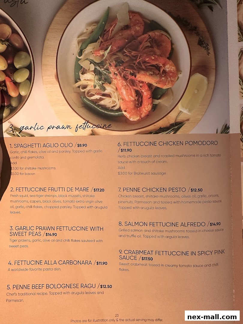 A menu page from Hot Tomato featuring various pasta dishes with descriptions and prices.