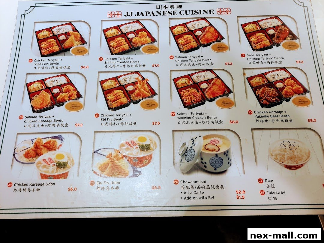 A menu from JJ Japanese Cuisine featuring various bento boxes, udon, chawanmushi, and rice.