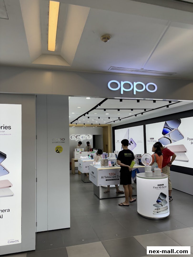 The entrance of an OPPO Concept Store with displays of phones and branding.