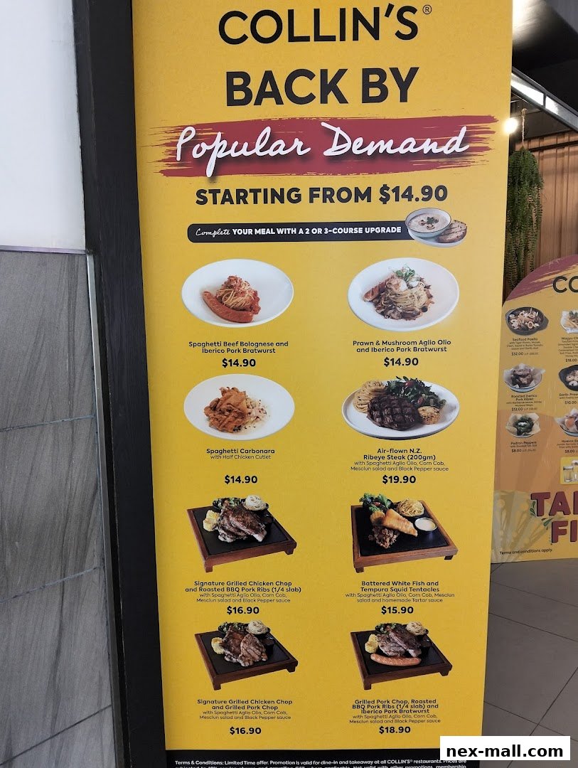 A menu board from COLLIN'S featuring popular dishes like pasta, steak, and grilled meats.