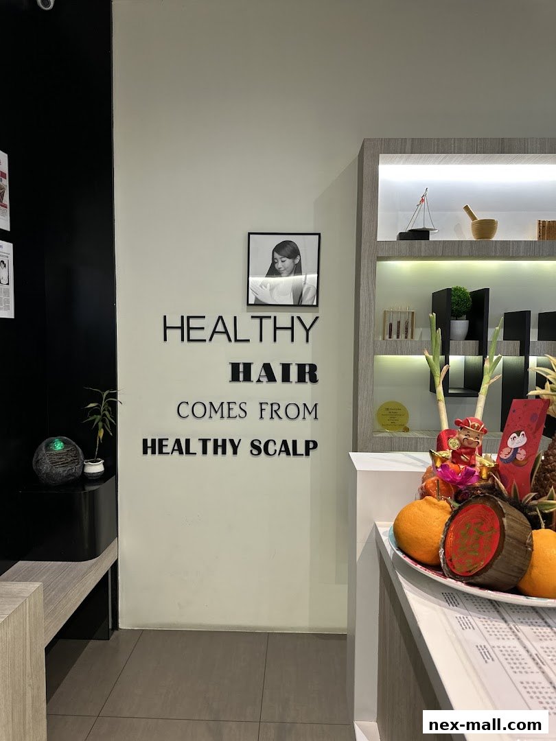 Interior shot of Beijing 101 Hair Consultants Nex with a quote about healthy hair and scalp.