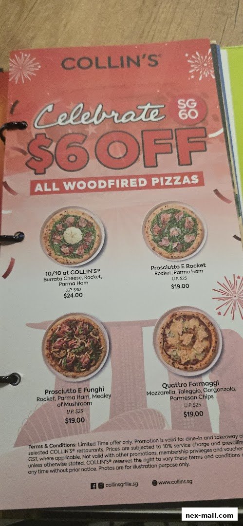A menu from COLLIN'S featuring $6 off all woodfired pizzas with four pizza options.