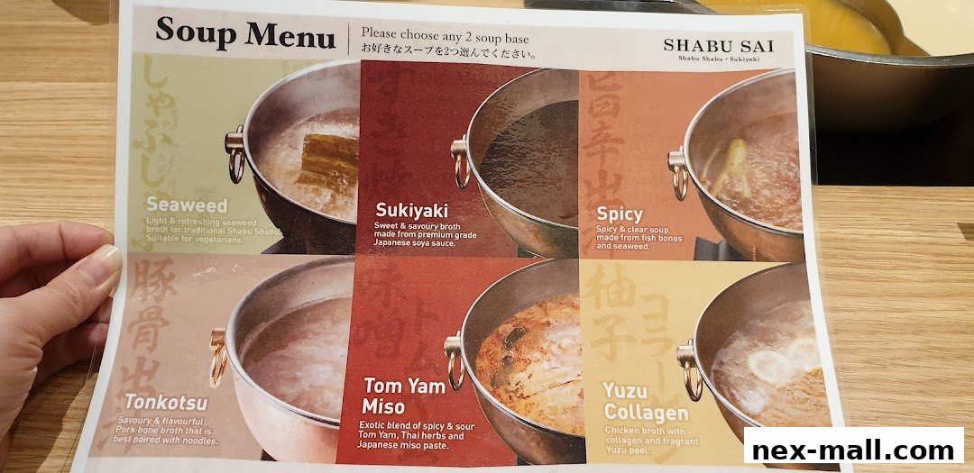 A menu showcasing six different soup bases for Shabu Sai hot pot.