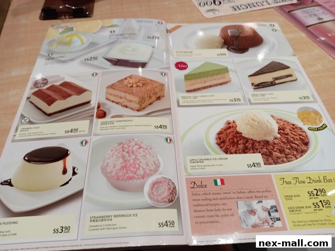 A menu showcasing various desserts and drinks from Saizeriya, including tiramisu, ice cream, and cakes.