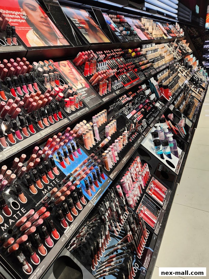 A wide display of various lipsticks and makeup products at Sephora.