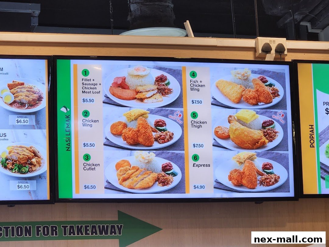 A digital menu board displaying various Nasi Lemak meal options with prices.