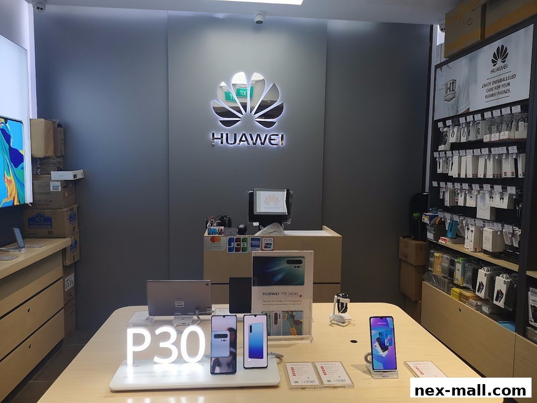 Interior of a Huawei concept store showcasing phones and accessories.