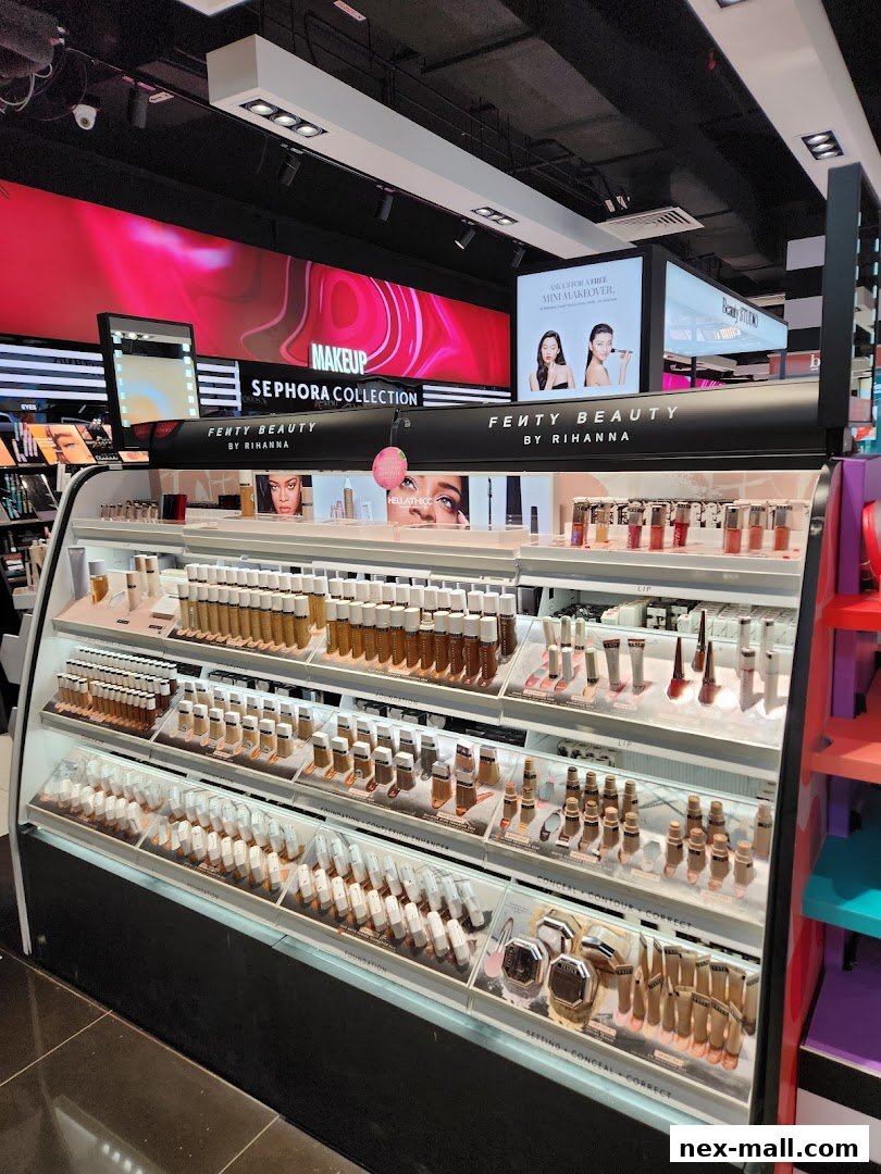 A display of Fenty Beauty foundation and makeup products at Sephora.