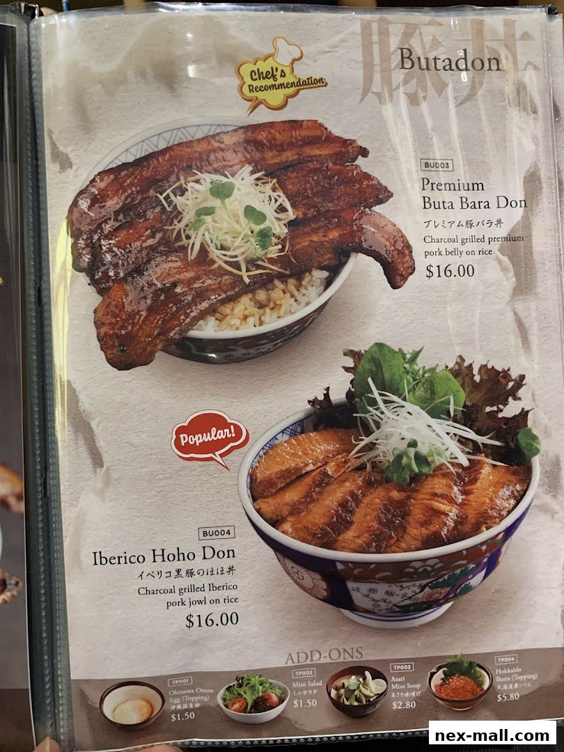 A menu page showcasing two popular pork donburi dishes and various add-ons.