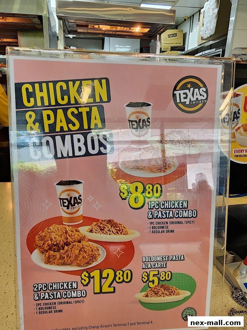 A menu board for Texas Chicken featuring chicken and pasta combos and bolognese pasta.