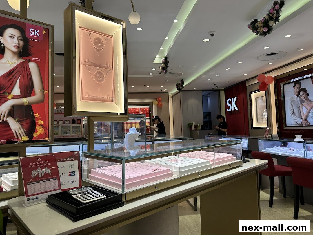 Interior view of a SK Jewellery store showcasing display cases filled with jewelry and promotional posters.