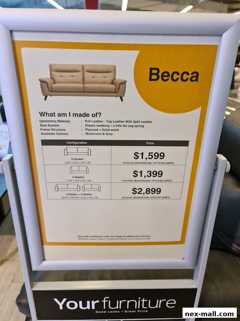 A display board showcasing the 'Becca' sofa with its specifications and pricing.