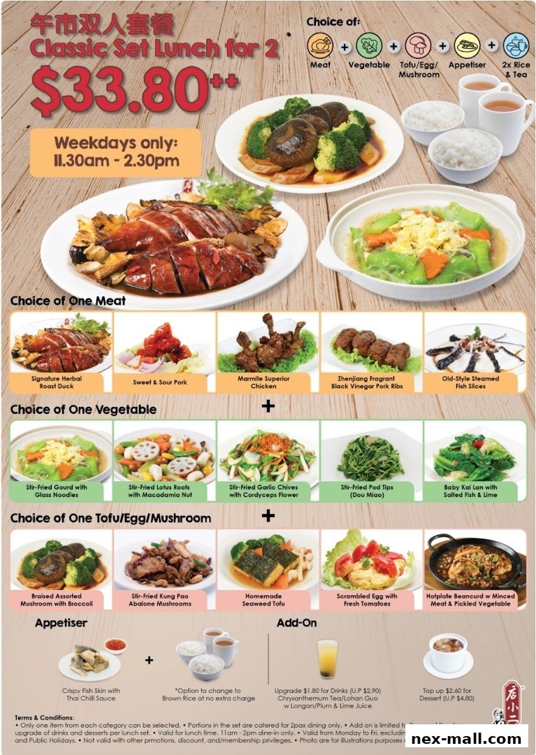 A menu for a classic set lunch for two, featuring various meat, vegetable, and tofu/egg/mushroom dishes.
