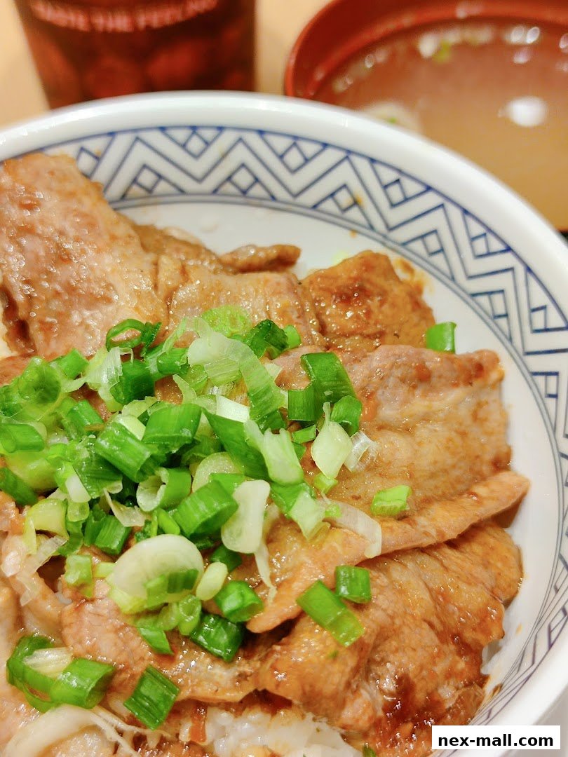 A close-up of a Yoshinoya dish with sliced pork over rice, topped with green onions.