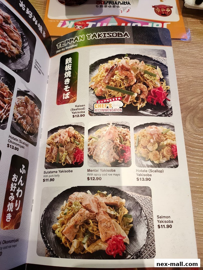 A menu page showcasing various Teppan Yakisoba dishes with enticing images and descriptions.