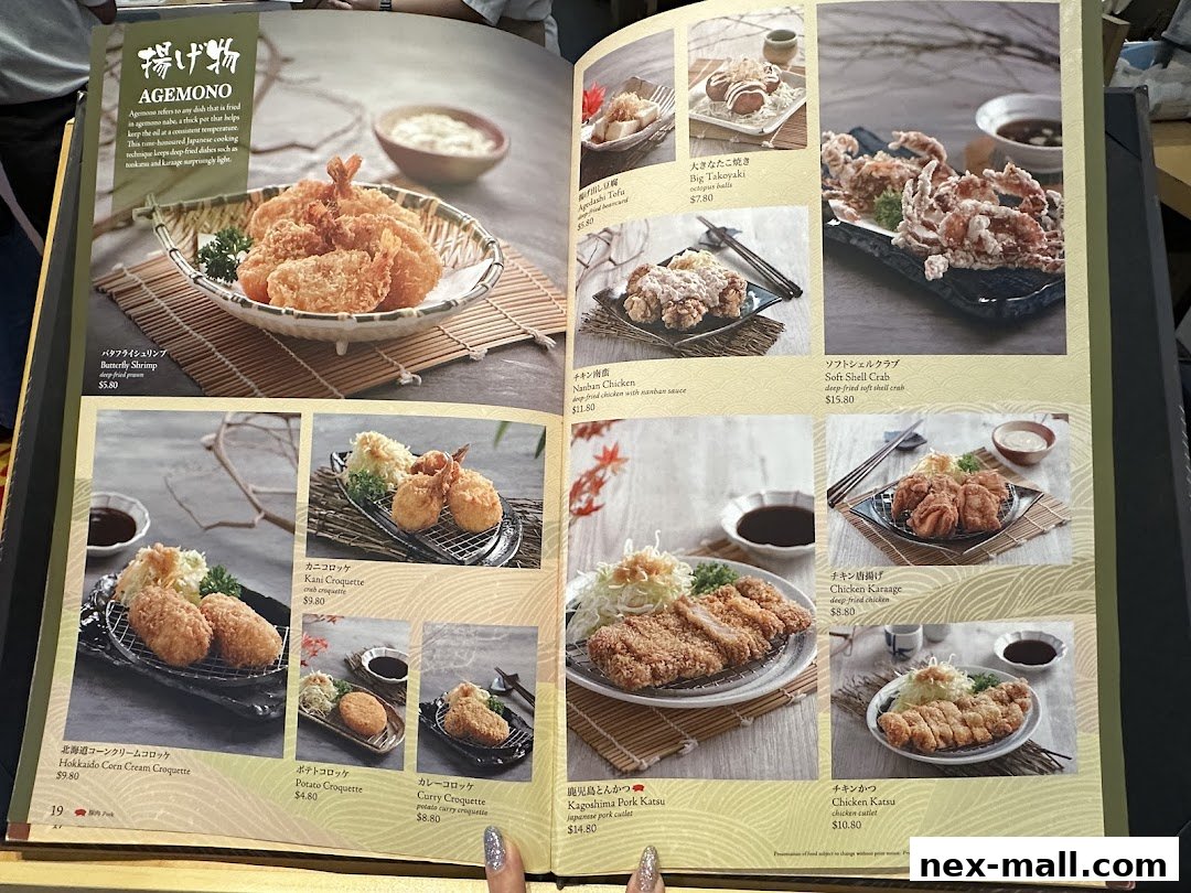 A menu from Sushi Tei featuring various fried Japanese dishes, including shrimp, crab, and chicken.