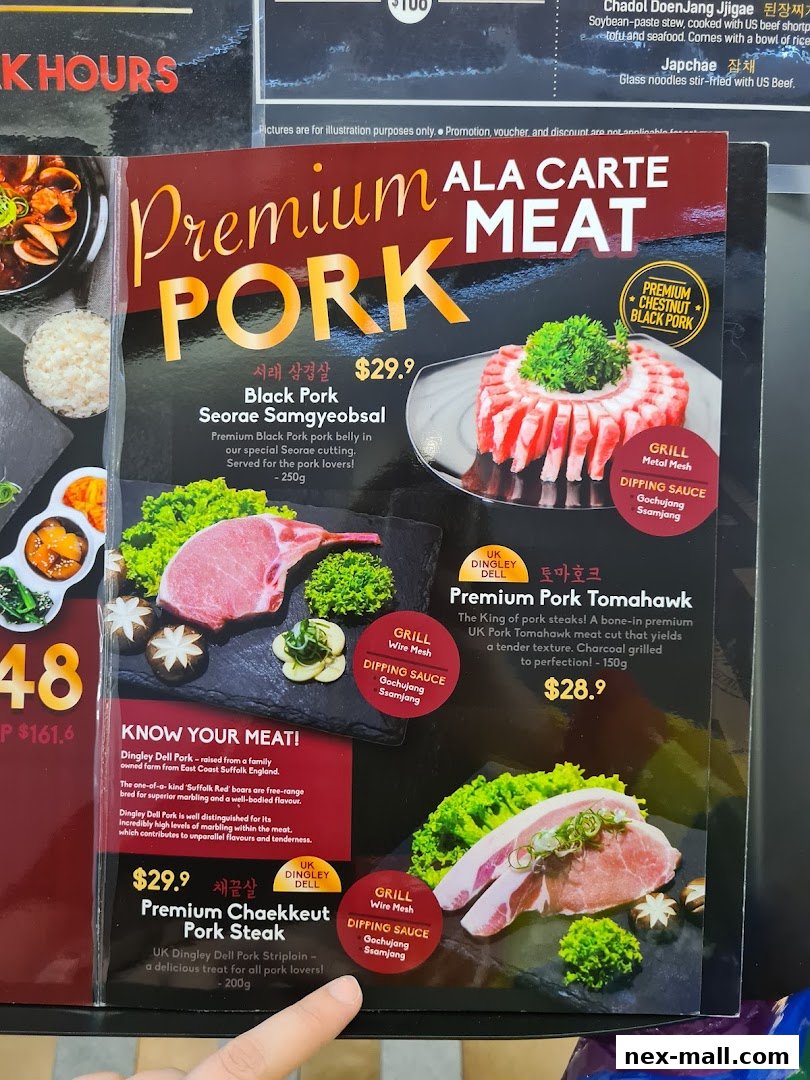 A menu showcasing premium pork cuts like Samgyeobsal and Tomahawk steaks.