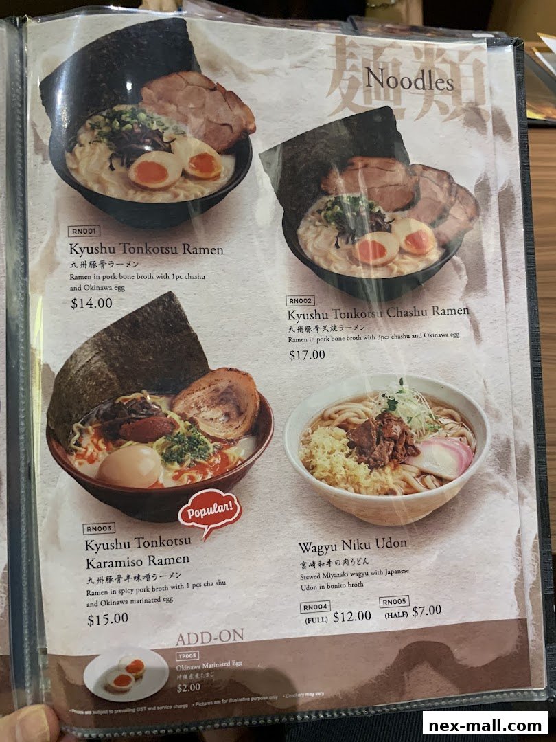A menu featuring various ramen and udon dishes with prices and descriptions.