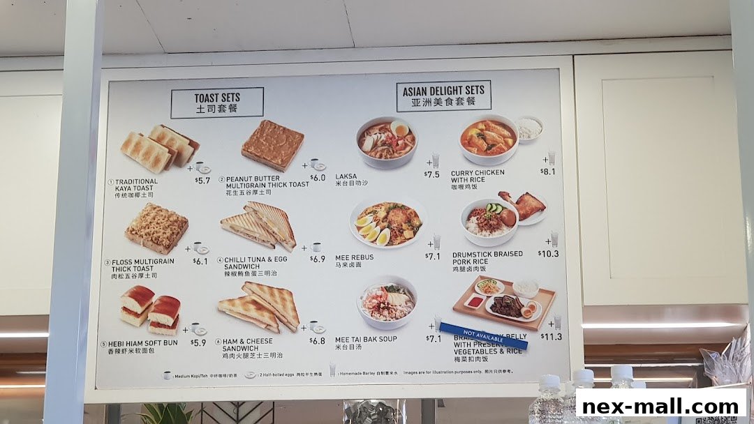 A menu board displaying various toast sets and Asian delight sets with images and prices.