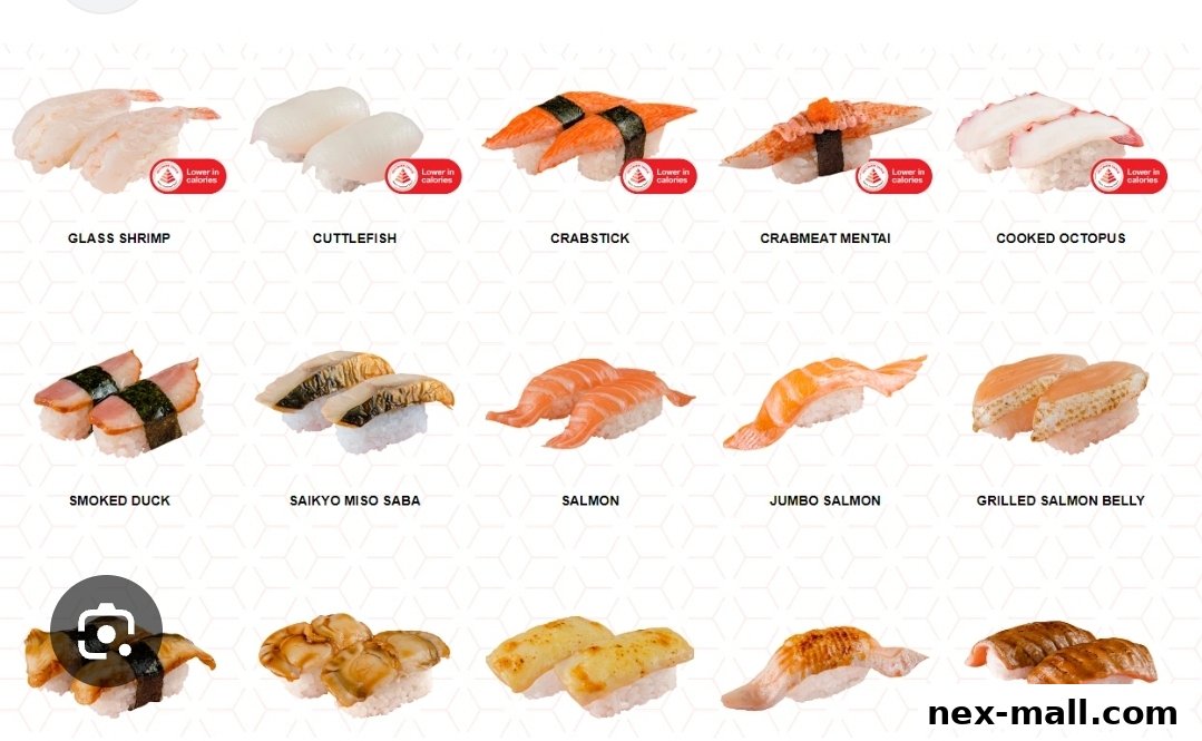 A selection of fresh sushi pieces, including shrimp, cuttlefish, crabstick, salmon, and more.