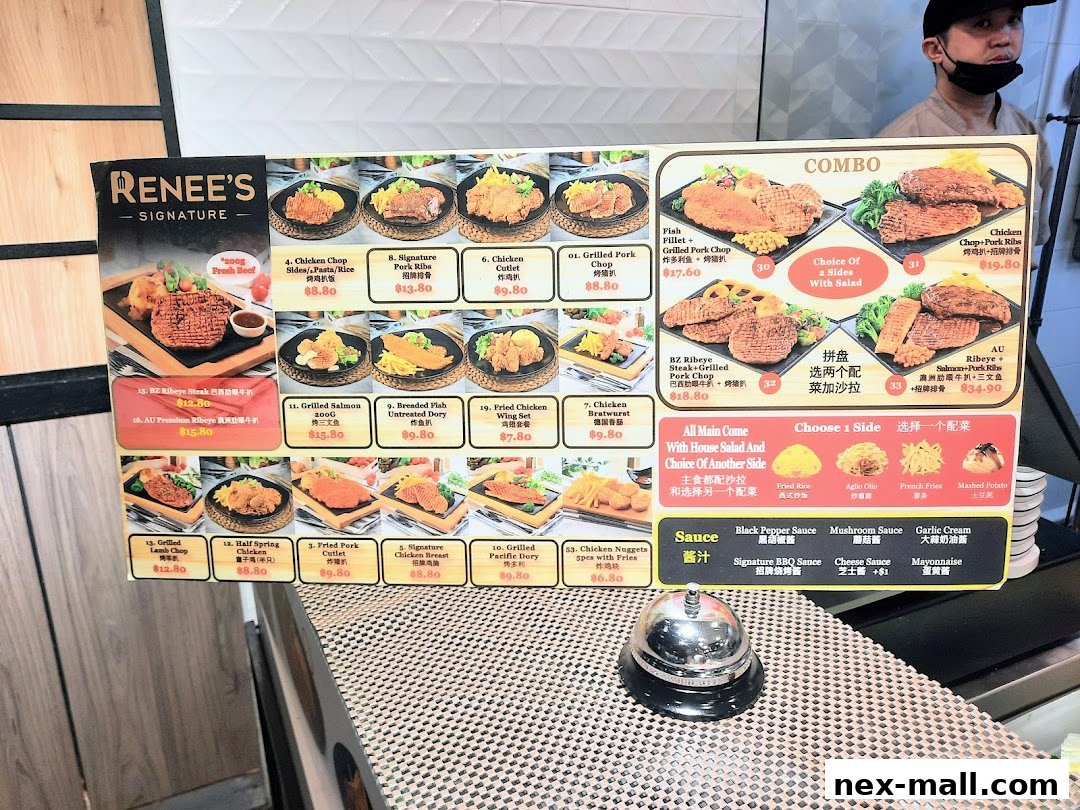 A menu board for Renee's Signature featuring various grilled meat and fish dishes, combos, and sauces.