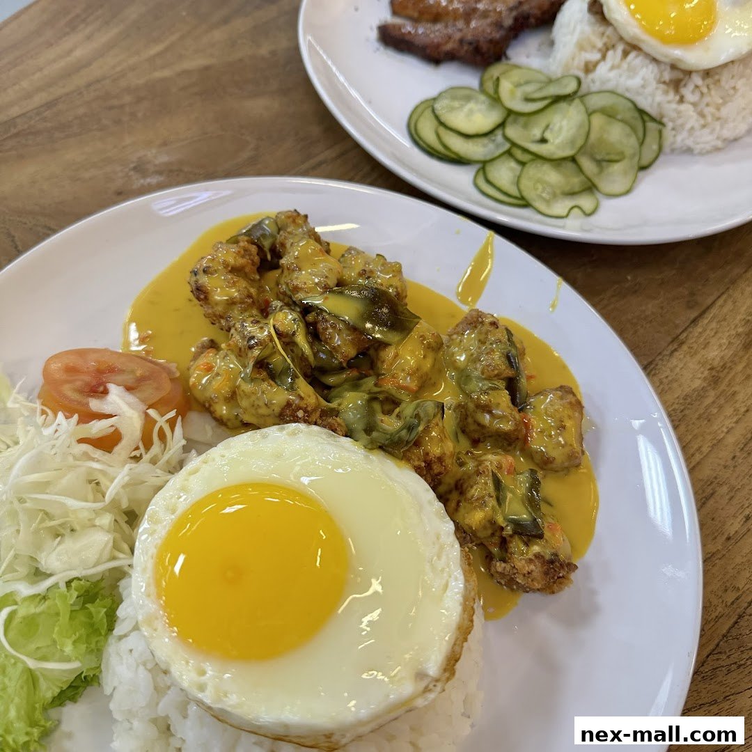 Two plates of rice dishes, one with curry chicken and a fried egg, the other with pork and cucumber slices.