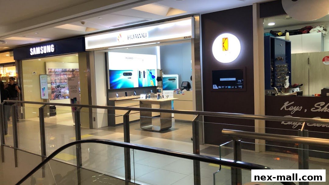 The Huawei Concept Store NEX features a modern interior with product displays and a bright, illuminated storefront.
