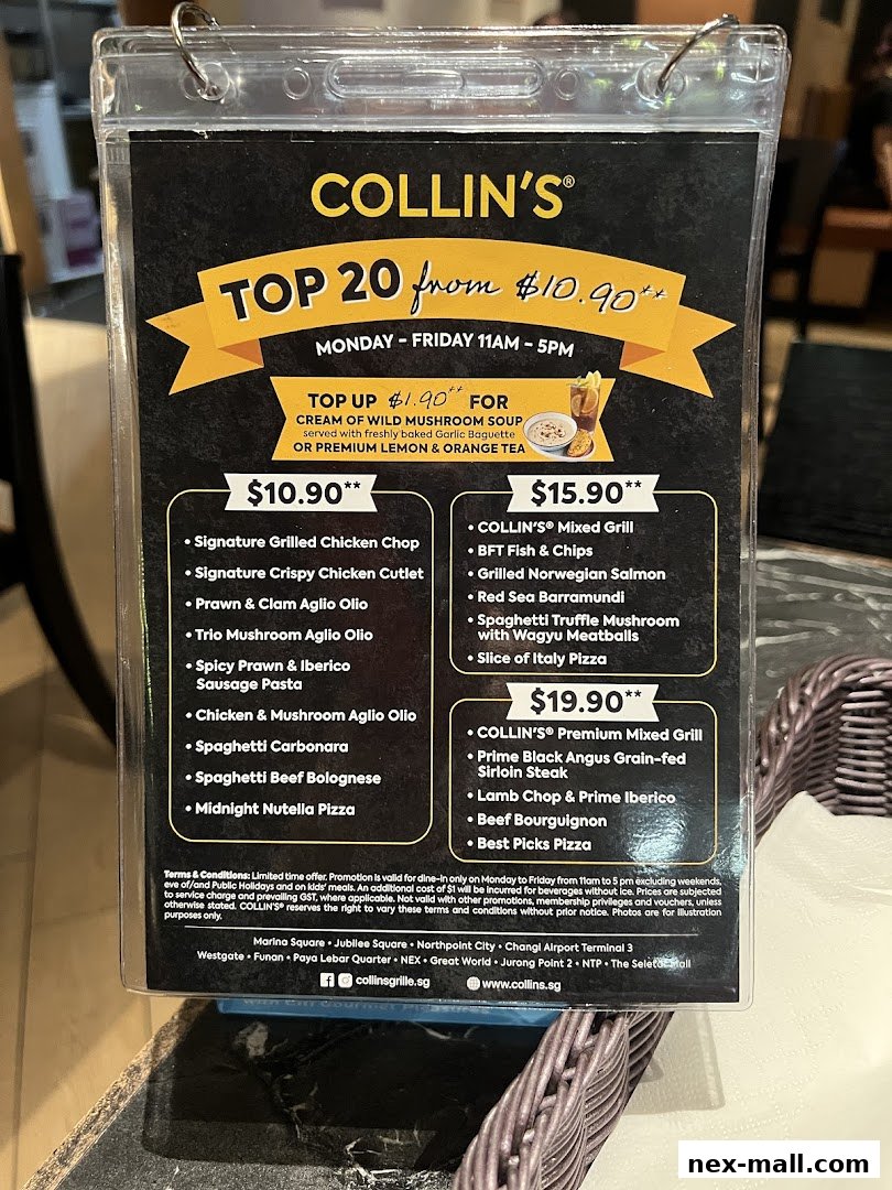 A menu from COLLIN'S featuring their Top 20 dishes starting from $10.90.