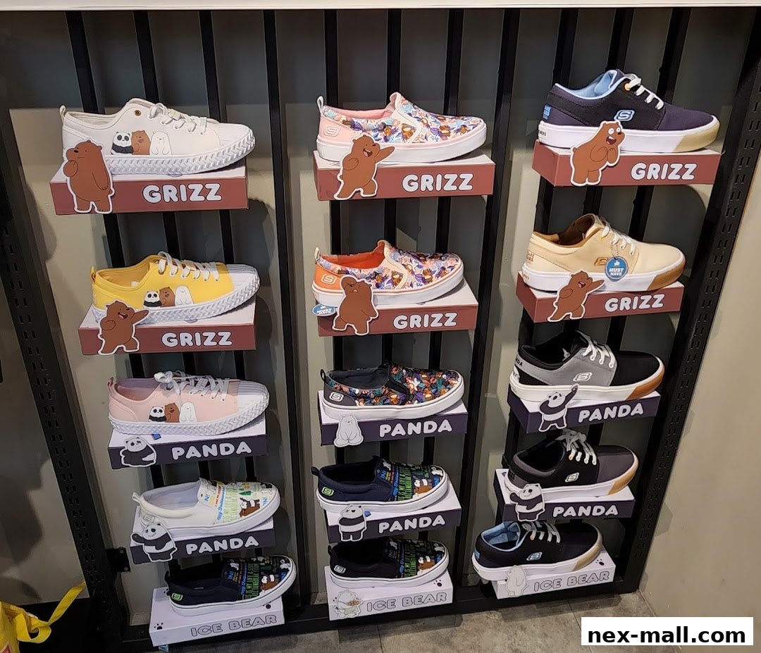 A display of Skechers shoes featuring popular cartoon characters like Grizz, Panda, and Ice Bear.
