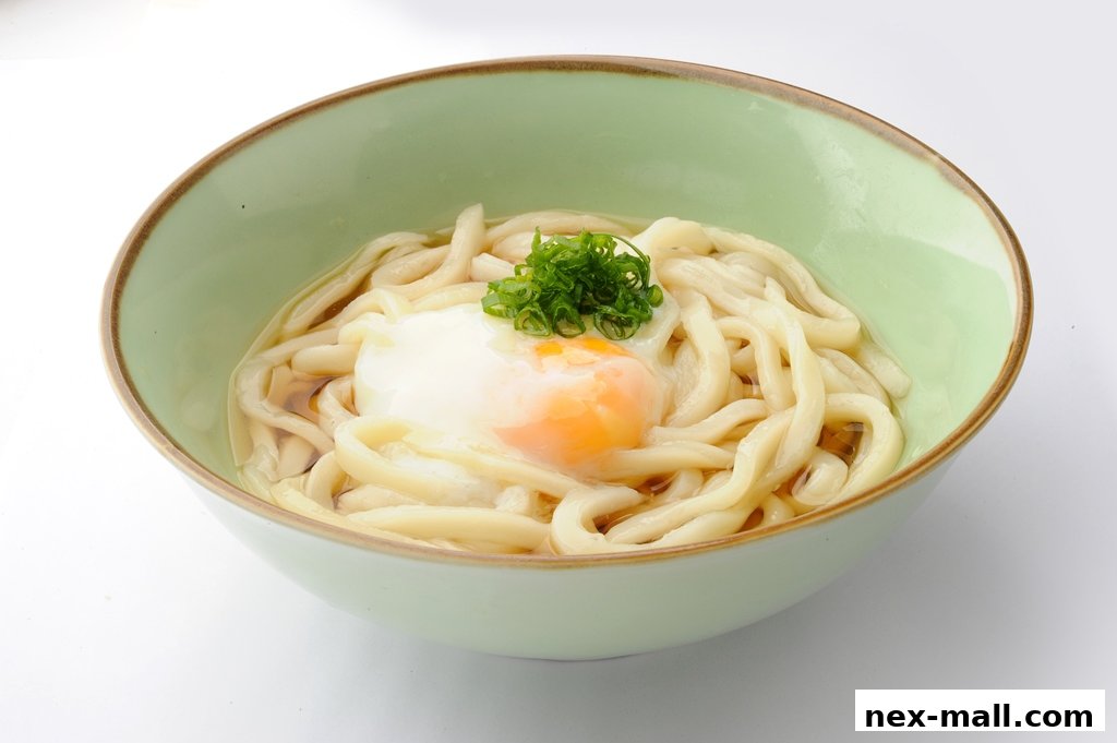 A close-up shot of a bowl of udon noodles with a poached egg and chopped green onions.