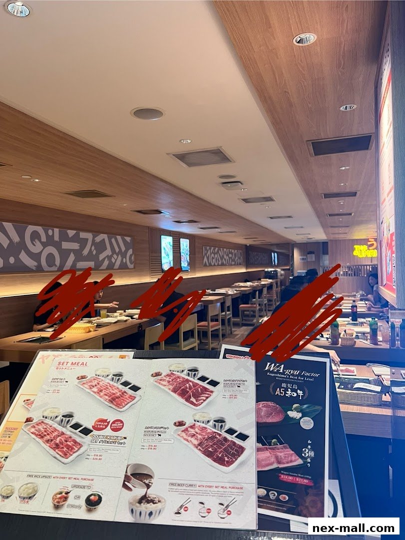 A menu display for Yakiniku-GO NEX featuring set meals and premium wagyu beef.
