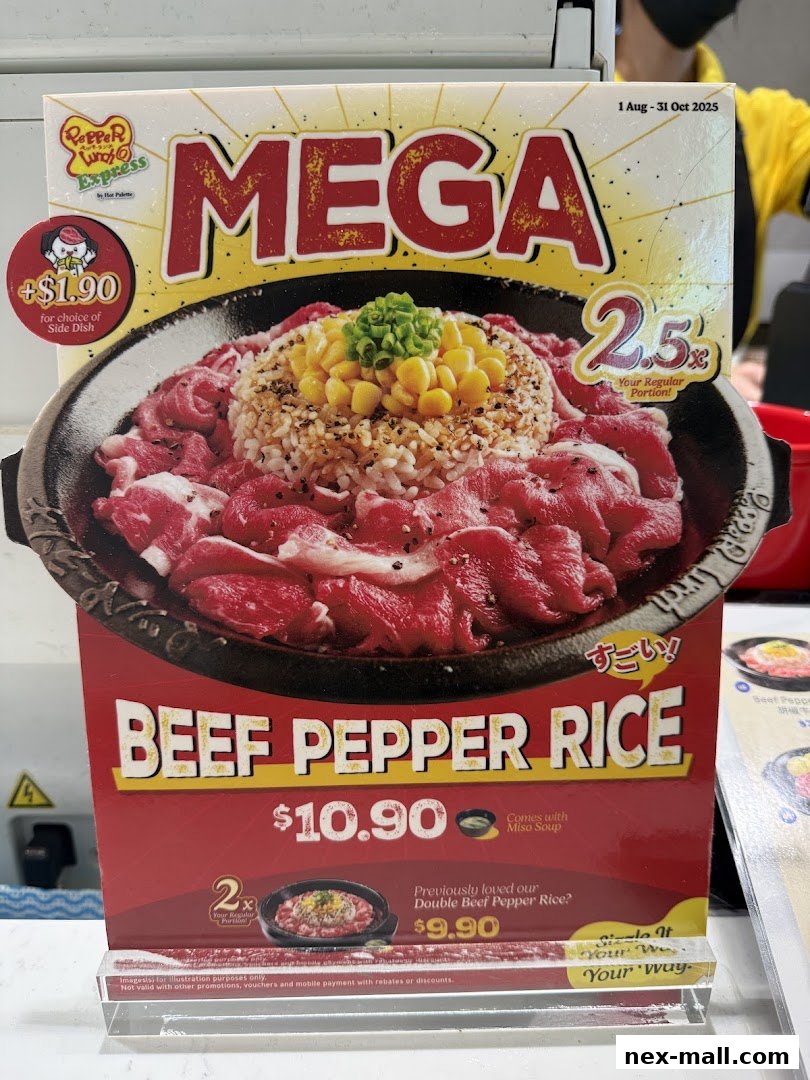 A promotional sign for Pepper Lunch Express featuring their Mega Beef Pepper Rice dish.
