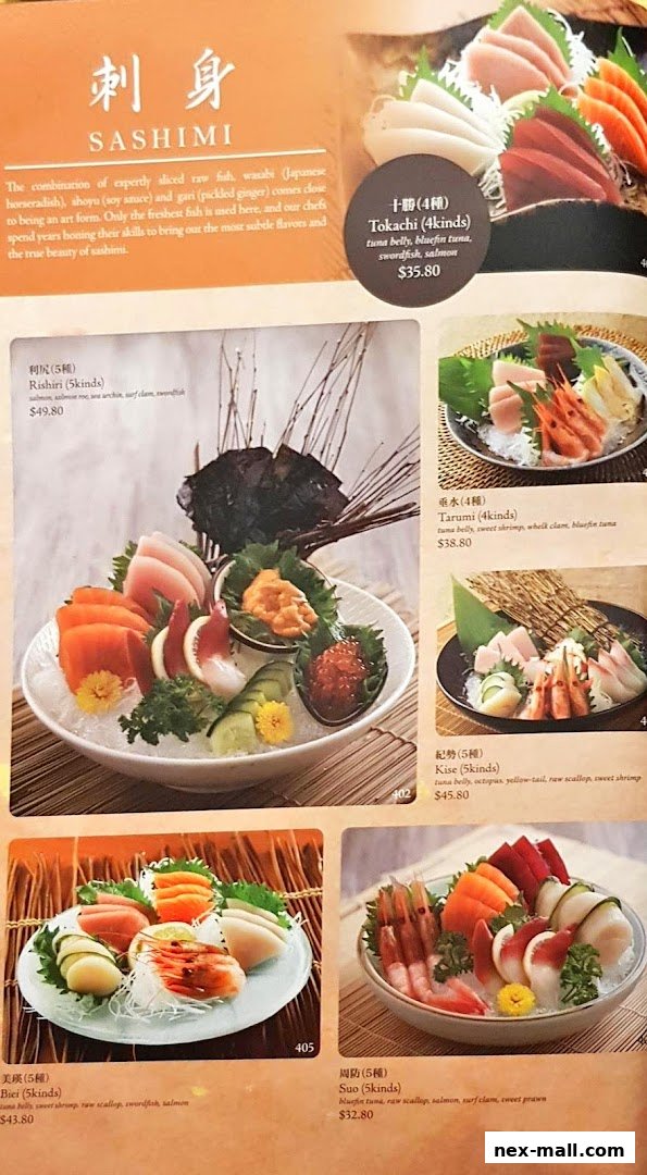 A menu page showcasing various sashimi platters with detailed descriptions and prices.