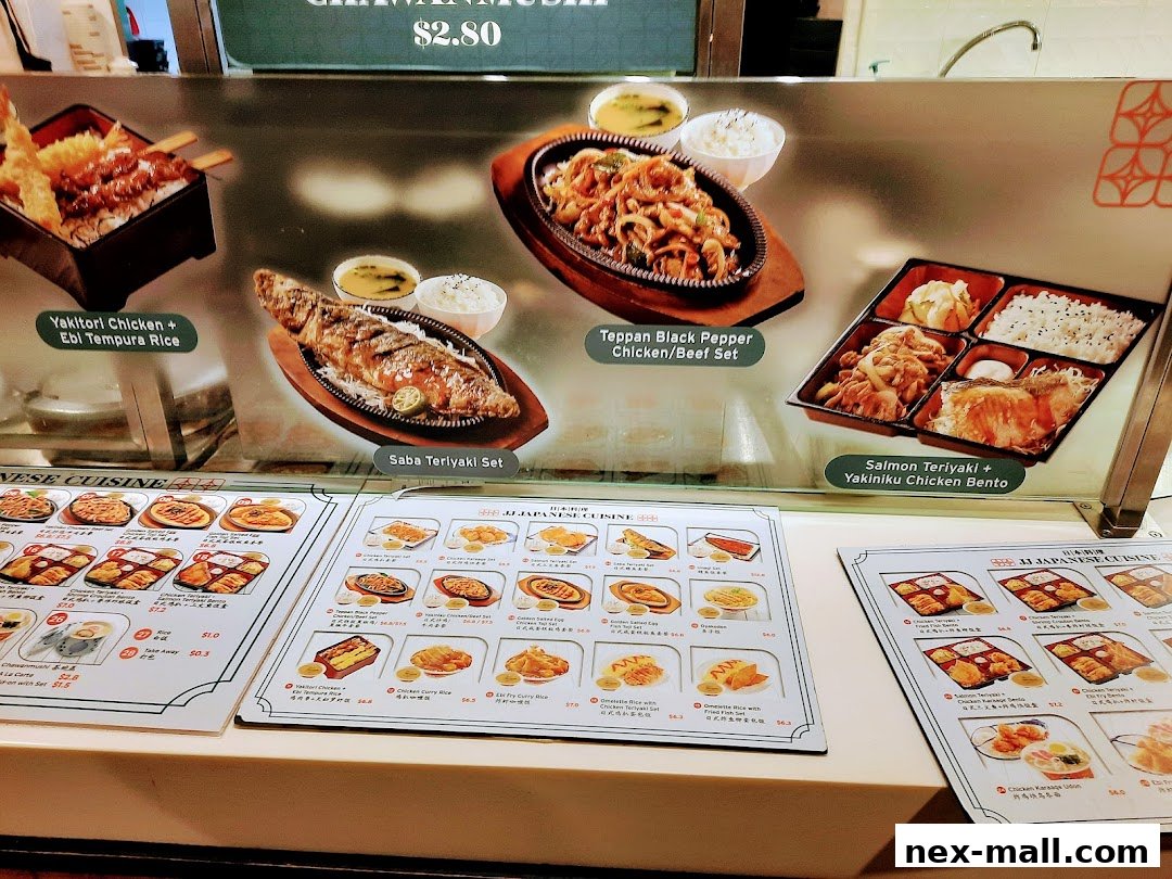 A display of Japanese food items with prices and descriptions.