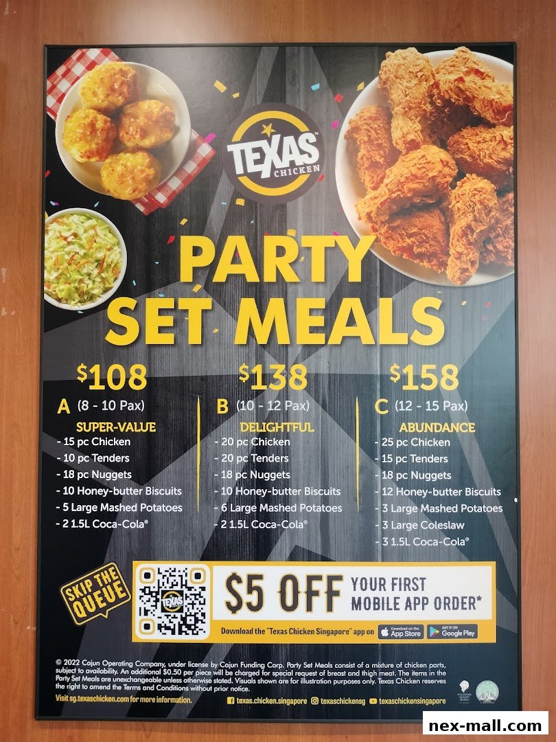 A promotional poster for Texas Chicken's Party Set Meals, showcasing different meal options and prices.